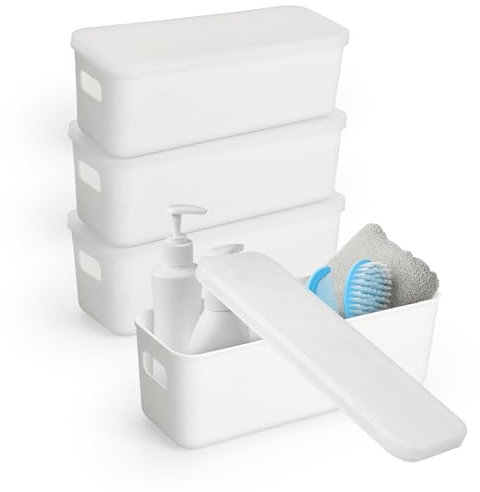 YKUKIZEE 4 Pack Narrow Plastic Storage Box with Lid Small, Slim Bathroom Storage Box with Handle Rectangle, White Kitchen Cupboard Organiser Storage Boxes for Shelves Desktop 28x10x9.2 cm
