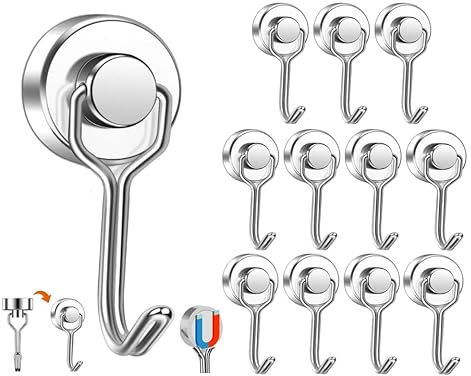 Abiyou Magnethaken Extra Stark, 12 Stück Drehbar Magnetischer Haken hält 15KG, Extra Starke Metallhaken, Edelstahl Magnete mit Haken, Neodym Magnet Hacken, für Küche, Schließfächer (Silber)