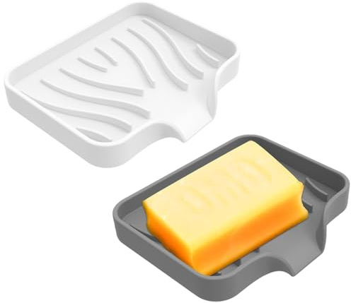 2er-Set Silikon Seifenschalen mit Ablauf – Für Küche & Bad, Spüle & Dusche (Grau/Weiß) – Hygienisch, rutschfest, Wasserabweisend, Platzsparend