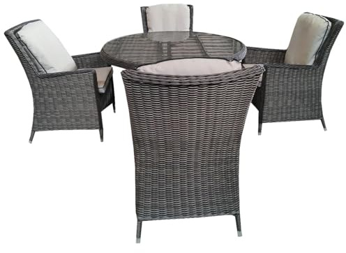Nustone Luxury 5-Piece Rattan Garden Furniture Set – Round Glass Table & 4 Wicker Chairs with Cushions – Outdoor Patio Dining Set for 4 – Weatherproof, Easy Assembly in Beige