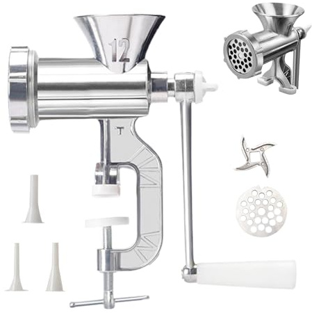 Fleischwolf - Manueller Fleischwolf, 24cm Handfleischwolf - Edelstahl Grinder mit Schleifplatte und Wurstrohren für - und Profiküchen, robustes Küchenwerkzeug für Fleischverarbeitung & Zubereitung