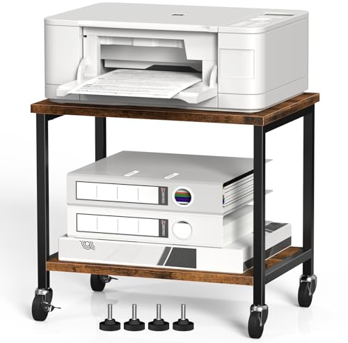 Nandae 2-Ebene Druckertisch mit Rollen, 30x42x37cm Druckerständer aus Holz & Metall, Rollen Servierwagen mit 4 Rädern, Mobiler Schreibtisch Aufbewahrungsregal für Büro, Wohnzimmer