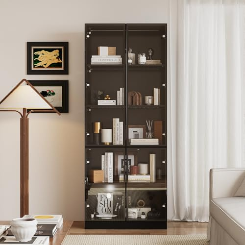 Caldion Vitrine 200cm avec éclairage LED vitrine à 2 Portes vitrées Design Pop-up vitrine en Verre avec 5 étagères, Armoire en Verre Noir pour Salon Verre trempé 80x36x200 cm