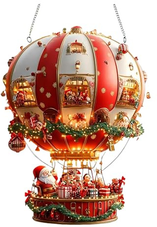 Weihnachtsdeko Hängend mit Weihnachtsmann-Heißluftballon, 2D-Acryl-Ornament Sonnenfänger Weihnachten, Weihnachtsmann im Ballon, Weihnachtsdeko für Garten, Hof, Fensterbank Dekoration (B-20cm)