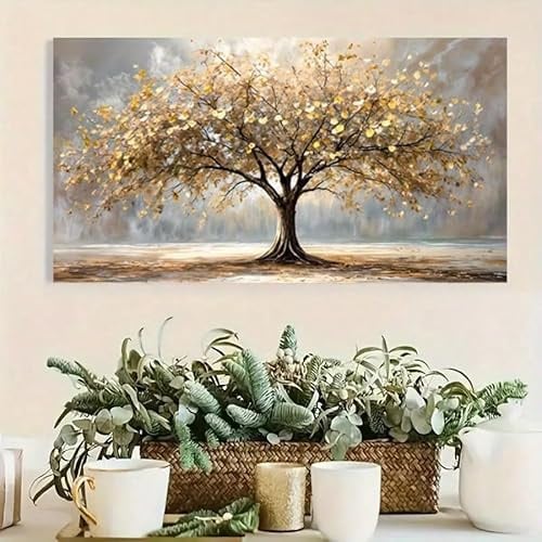 Guying Art Élégant arbre de vie aux feuilles dorées, tableau sur toile, paysage d'automne, tons dorés et beiges, décoration intérieure moderne (30 x 60 cm/cadre intérieur)