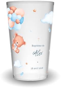 Wobz - Gobelet Personnalisé Baptême Ourson & Ballons - Impression Quadrichromie digitale - Fabriqué En France - Prénom Et Date Personnalisables - 25 cl - Pack de 10, 25, 50, 100, 250 et 500