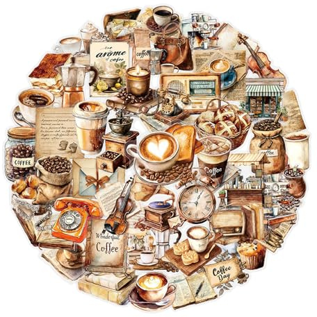 50 ästhetische Sticker im Retro-Kaffee-Design, wasserfeste transparentpapier-ähnliche scrapbook stickers für bullet journal und junk journal, vielseitige vintage sticker aus PET für resin crafts und