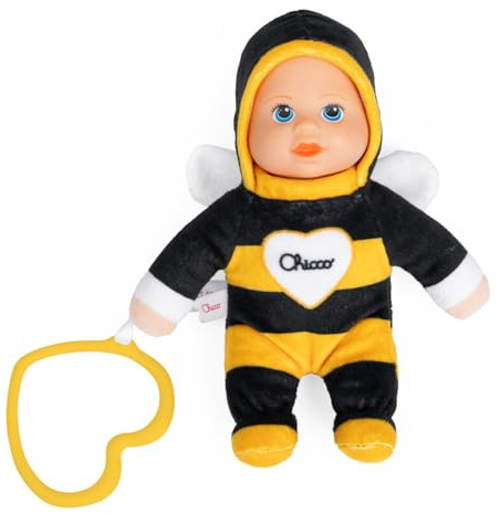 Chicco Mini-Puppe My Doudou Doll Biene, 18 cm groß, weiche Stoffpuppe mit Vinylkopf und handbemalten Details, sensorisches Spielzeug mit Herzring und sanften Farben, waschmaschinenfest, ab 0+ Monaten