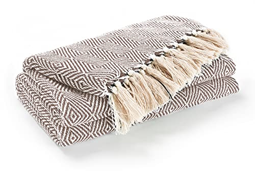 EHC Luxury Reversible Super Soft Cotton Diamond Large Throw For Sofa, Double Bed, Armchair - Beige, 150 x 200 cm