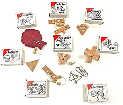 GICO 8 beliebte Knobelspiele Holzpuzzle Geduldspiele im Set, einzeln verpackt mit Lösungsheft - als Geschenk oder für den Adventskalender