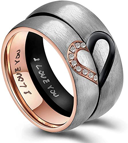 ANAZOZ Hochzeit Ringe Paar, Edelstahl Ringe Damen Rosegold Größe 52 (16.6) Halbes Herz mit Gravur I Love You