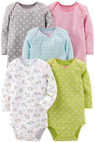 Simple Joys by Carter's 5-Pack Long-Sleeve Bodysuit Body, Verde Lima/Azul Claro/Rosa, Prematuro (Pack de 5) Unisex bebé