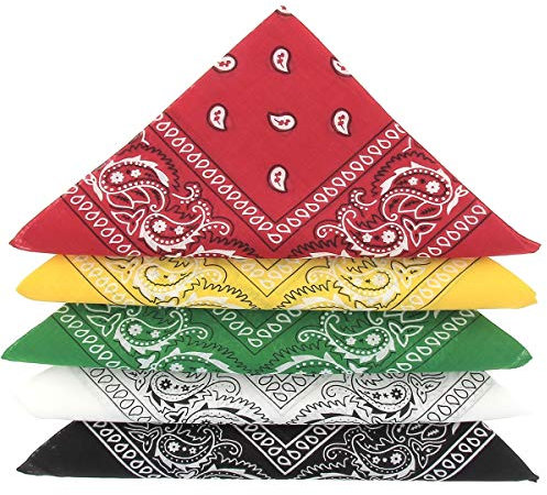Karl Loven Bandanas 5er Pack 100% Baumwolle Paisley Halstuch Kopf Hals Schal (5er Pack, Grün Gelb Rot weiß Schwarz)