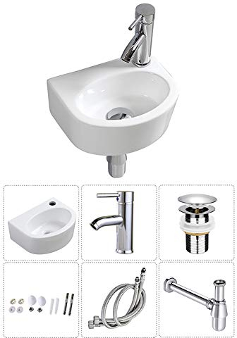 Waschbecken zur Wandmontage, klein, rechteckig, Keramik, rechts (ovales Waschbeckenset (mit Wasserhahn und Ablauf))