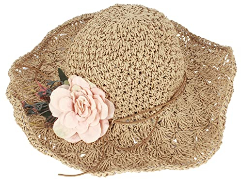 Milya Stroh Faltbarer Sonnenhut mit Breiter Krempe Blumen Strohhut Sommerhut Damenhut Sommer Hut - Ideal für Urlaub am Strand (Kaffee Braun)