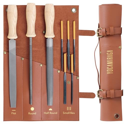 YOCAMIRAGA Metallfeilen Set - 3 x 8 Zoll Feilen für Holz & Metall + 5 Präzisionsnadelfeilen - 8-teiliges Feilen-Set mit Kunstleder-Rolltasche