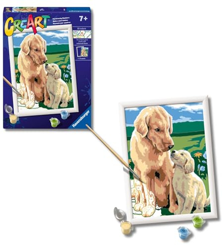Ravensburger CreArt: Retriever on the Lawn — Malen mit Zahlen für Kinder ab 7 Jahren, Malset mit Brettern, Rahmen, Pinsel und Farben im Lieferumfang enthalten, 25 x 18,30 cm, Geschenkideen