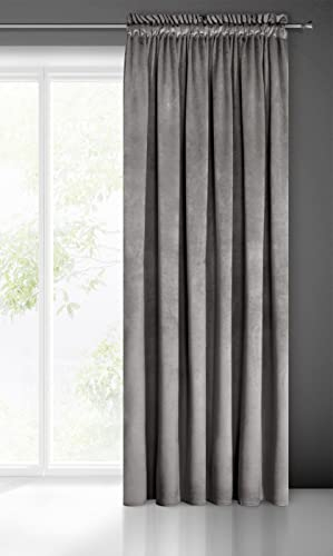 Eurofirany Pierre Samt Vorhang mit Kräuselband -1 STK. Velvet Einfarbig Gardine 200g/m², Samtvorhang für Wohnzimmer Schlafzimmer, 140x300 cm, Grau