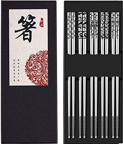Chopsticks Metal Reusable 304 Stainless Steel Chop Sticks Dishwasher Safe Multipack with Laser Engraved Pattern Fancy Lightweight Reusable Chopsticks for Japanese Korean Chinese Food 5 Pairs Gift Set
