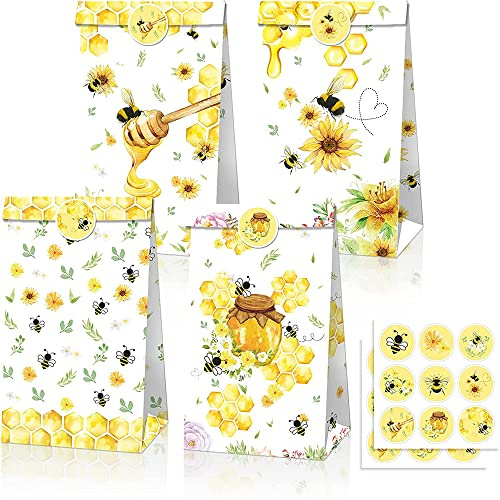 SUNSK Biene Geschenktüten Papier Partytüten Bee Candy Tüten Süssigkeiten Beutel Kindergeburtstag Mitgebsel Tüten mit Aufkleber für Geburtstag Hochzeit Weihnachten Ostern Party Dekoration 12 stk