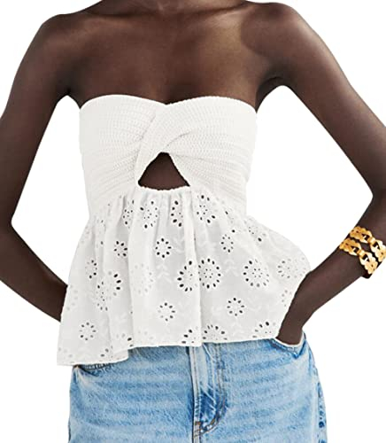 MISSACTIVER Damen Twist Knot Knit Bandeau Tube Top Stickerei trägerlos Schulterfrei Rückenfrei Hohl Crop Tank Korsett Top, Weiss/opulenter Garten, Klein