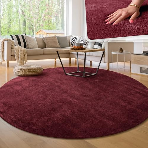 Paco Home Moderner Kuscheliger Wohnzimmer Teppich Kurzflor waschbar flauschig Weich Einfarbig Felloptik zeitlos stilvoll rutschfest pflegeleicht, Grösse:160 cm Rund, Farbe:Rot