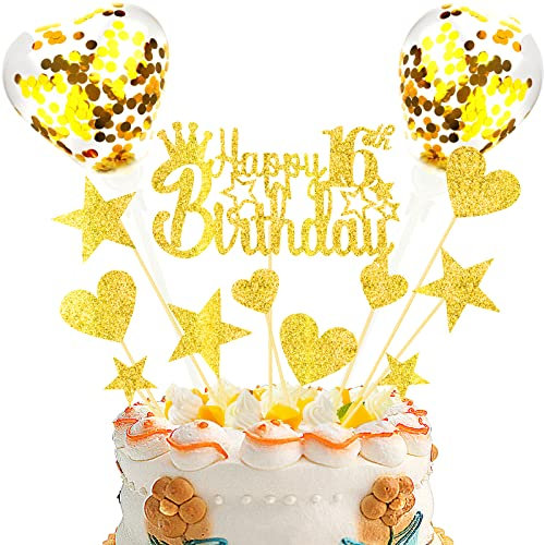DKBT Tortendeko 16th Gold Kuchen deko Glitzer Happy Birthday Cake Topper Kuchendeko Geburtstagstorte für Gold Geburtstagsfeier Jubiläum