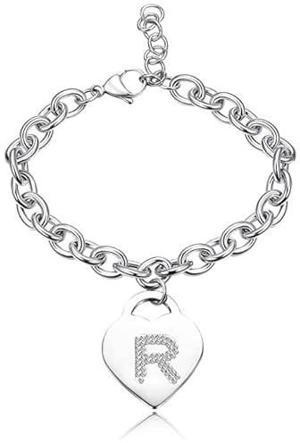 Bracciale con lettera iniziale donna con STRASS in acciaio con lettera NOME - charm cuore e cristalli argento - alfabeto - misura regolabile, nascita, anniversario,idea CONFEZIONE REGALO INCLUSA