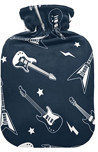 Wärmflasche mit weichem Samtbezug, Gitarrenmuster, Wärmbeutel zur Schmerzlinderung, heiße und kalte Kompresse, Körperbettwärmer, 2 l