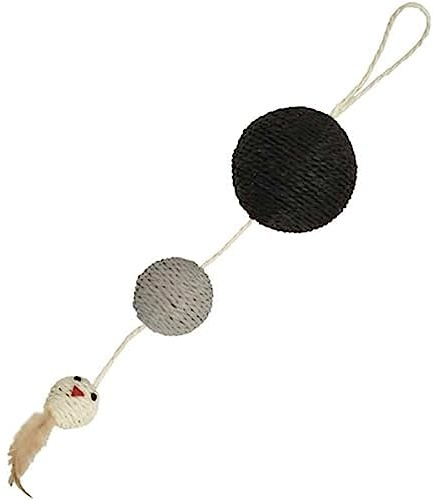 Bobby Plume – Kratzbaum Katzenspielzeug aus recyceltem Seil, mit Bällen und Federn, zum Aufhängen, Schwarz, 55 x 12 cm