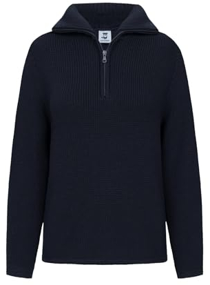 HANSEHELD Damen Troyer Schurwolle Marine-Blau 36 | Pullover | 100% Schurwolle | Strickpullover für Frauen | Troyerkragen | Reißverschluss | Wollpullover | Made in Germany