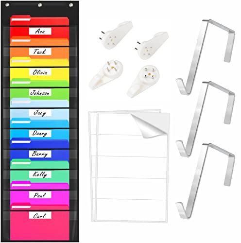 Tableau de poche de rangement, dossier d'organisation de fichiers mural robuste avec 10 pochettes transparentes, 10 autocollants de nom vierges plus 3 cintres en métal et 4 crochets (35.6cm x 119cm)