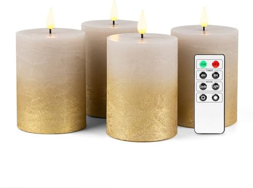 Fanna 4 LED Flammenlose Echtwachs kerzen Rustikale Design, Batteriekerzen mit Timer für Weihnachten Dekorationen und Advent, Fernbedienung und Batterien enthalten - H 10cm - Sandgrau/Gold