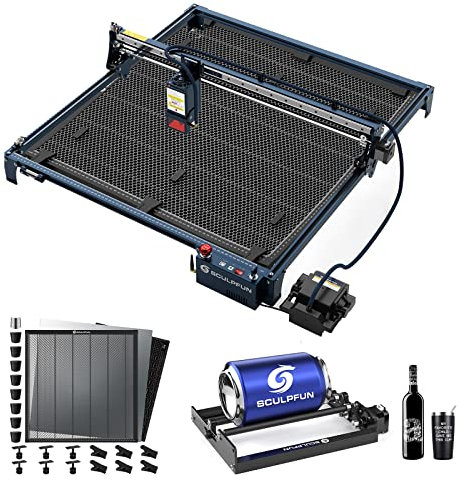 SCULPFUN S30 Ultra 33W Lasergravurmaschine Laserschneider mit 600x600mm Laser Honeycomb Arbeitstisch,Laser-Rotationswalze, 600*600mm Arbeitsbereich, 42Bit Schrittmotor Laser Cutter für Großen Modell