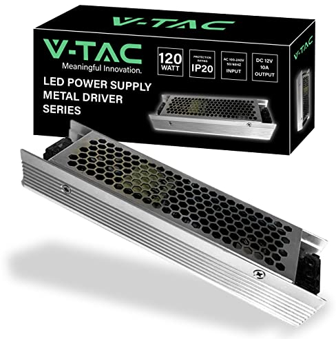 V-TAC Netzteil für professionelle LED-Streifen, 120 W, 12 V, 10 A, Trafo aus Metall für elektronische Geräte, Kameras, Bildschirme – ultradünn – AC 85-265 V