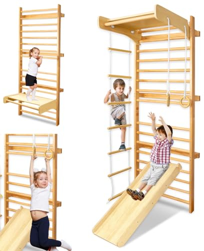 LZQ Parete da ginnastica per arrampicata per adulti e bambini, in legno di betulla, multifunzionale, per interni ed esterni, adatto per bambini a partire dai 2 anni