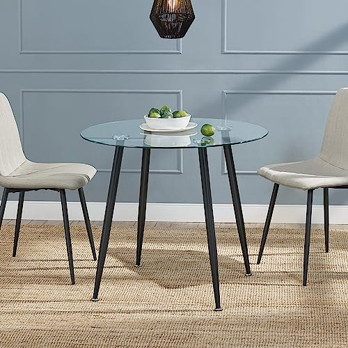 [en.casa] Table de Salle à Manger avec Plateau Rond Petite Table Élegante pour Salon Cuisine Bureau Café Verre Trempé Acier 75 x 87 cm Transparent Noir