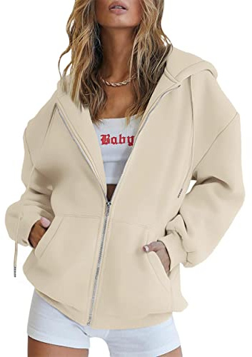 Timuspo Sweat à capuche pour femme - Veste en sweat avec capuche 2025 - Pull à capuche automne hiver - Sweatshirt à capuche avec fermeture éclair - Veste oversize - Pull à capuche, beige, L