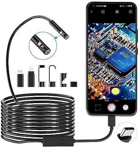 Pancellent 1920P Endoscopio a Serpente a Doppia Lente, Boroscopio di Tipo C, Fotocamera con 8 luci LED per smartphone Android e iOS, iPhone, iPad, Samsung (5 M)