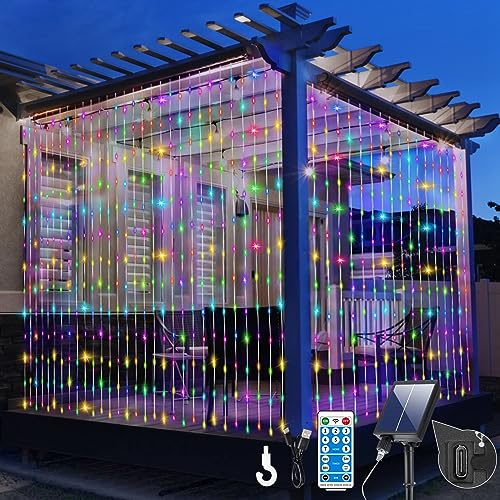 GCMacau Lichtervorhang 6x3 m, 600LED Solar Lichtervorhang Bunt Lichterkette Aussen Wetterfest Indoor/Outdoor 8 Modi Solarpanel mit USB-Stromversorgung für Pavillons,Draußen,Weihnachtsdeko,Gartenparty
