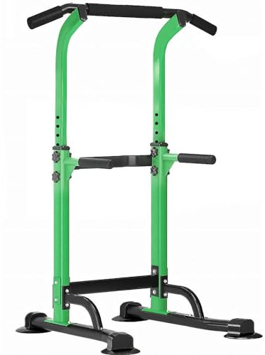 SogesPower Tour d'alimentation, alliage d'acier, vert, hauteur réglable, capacité de 150 kg, comprend une barre de traction, un support de dips pour entraînement à domicile