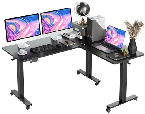 Claiks L-Shaped Electric Corner Standing Desk, Triple Motor Height-Adjustable, 160x140cm Stand-Up Desk with Splice Board, Black Frame/Black Top