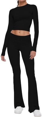 AnotherChill Women's 2 Piece Lounge Sets Fold-over Flare Pants Set Long Sleeve Cropped Top Casual Outfits Pajamas, Black, M