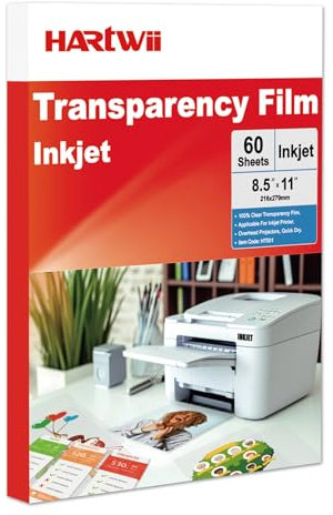 Hartwii Inkjet-Transparenzfolie, 60 Blatt, 21,6 x 27,9 cm (100 % klar), transparentes Papier trocknet schnell für Tintenstrahldrucker, OHP-Overhead-Projektoren, 5 mm Siebdruck