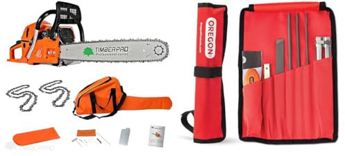 TRONÇONNEUSE THERMIQUE 61,5 CM³, PUISSANCE 3,6 CV, GUIDE 50 CM + 2 CHAINES & Oregon - Kit d'Affûtage Universel Portable pour Tronçonneuse, Limes Rondes 5/32 (4 mm) / 3/16