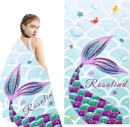 KIDSLOVE Personalisiert Strandtuch Mit Namen, Meerjungfrau Handtuch Mit Namen Badetuch Mikrofaser Strandtuch Groß 90x180cm Badetuch Handtuch Meerjungfrau Für Mädchen Kinder (1,80 x 150 cm)