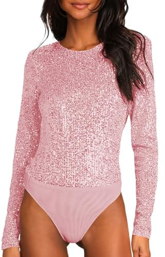 KBOPLEMQ Body da donna con brillantini, a maniche lunghe, con paillette, per feste, per feste, con glitter, elegante, body intero, Colore: rosa., M