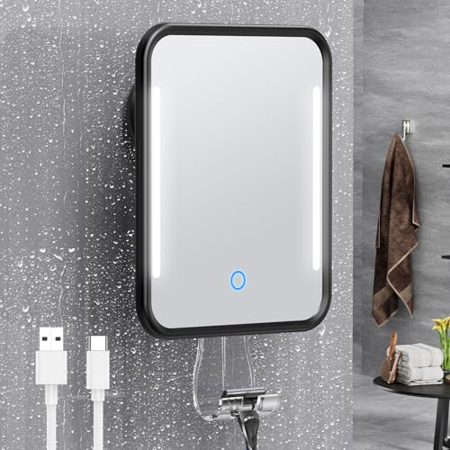 Gospire Heated Shower Mirror Fogless for Shaving with Light, Rechargeable Battery and Adjustable Brightness, Suction Cup and Razor Holder, Removable & NO-Drilling, Waterproof for Bathroom (Black)
