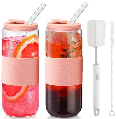 CJWLKJ 24oz Can Shaped Glass Cups Tumbler with Silicone Lids and Glass Straws, 2PCS Drinking Glasses with Lids and Straws, and Silicone Sleeves, Beer Glasses, Iced Coffee Cups, Soda, Gift - Pink