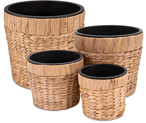 Decorasian Lot de 4 pots de fleurs ronds tressés en jonc de mer avec insert en plastique pour planter - Pot de fleurs - 16 cm, 20 cm, 26 cm et 34 cm
